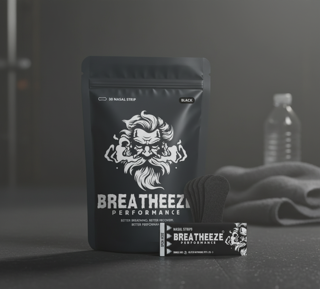 Breatheeze Performance nasal strips packaging displayed on a dark matte gym surface beside a towel and water bottle, representing strength and endurance.