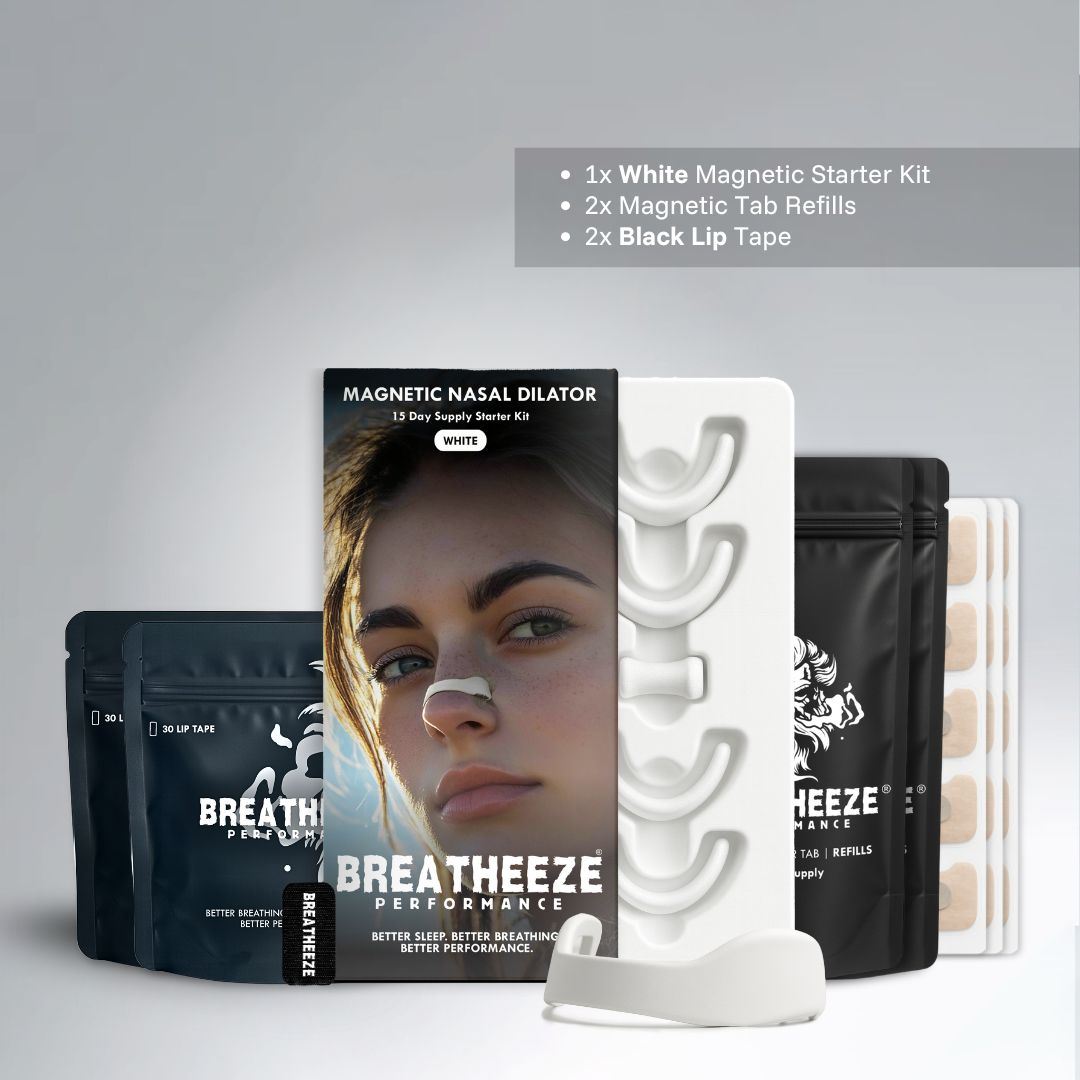 Breatheeze magnetic breathing bundle in use – nasal strip and mouth tape for deep sleep