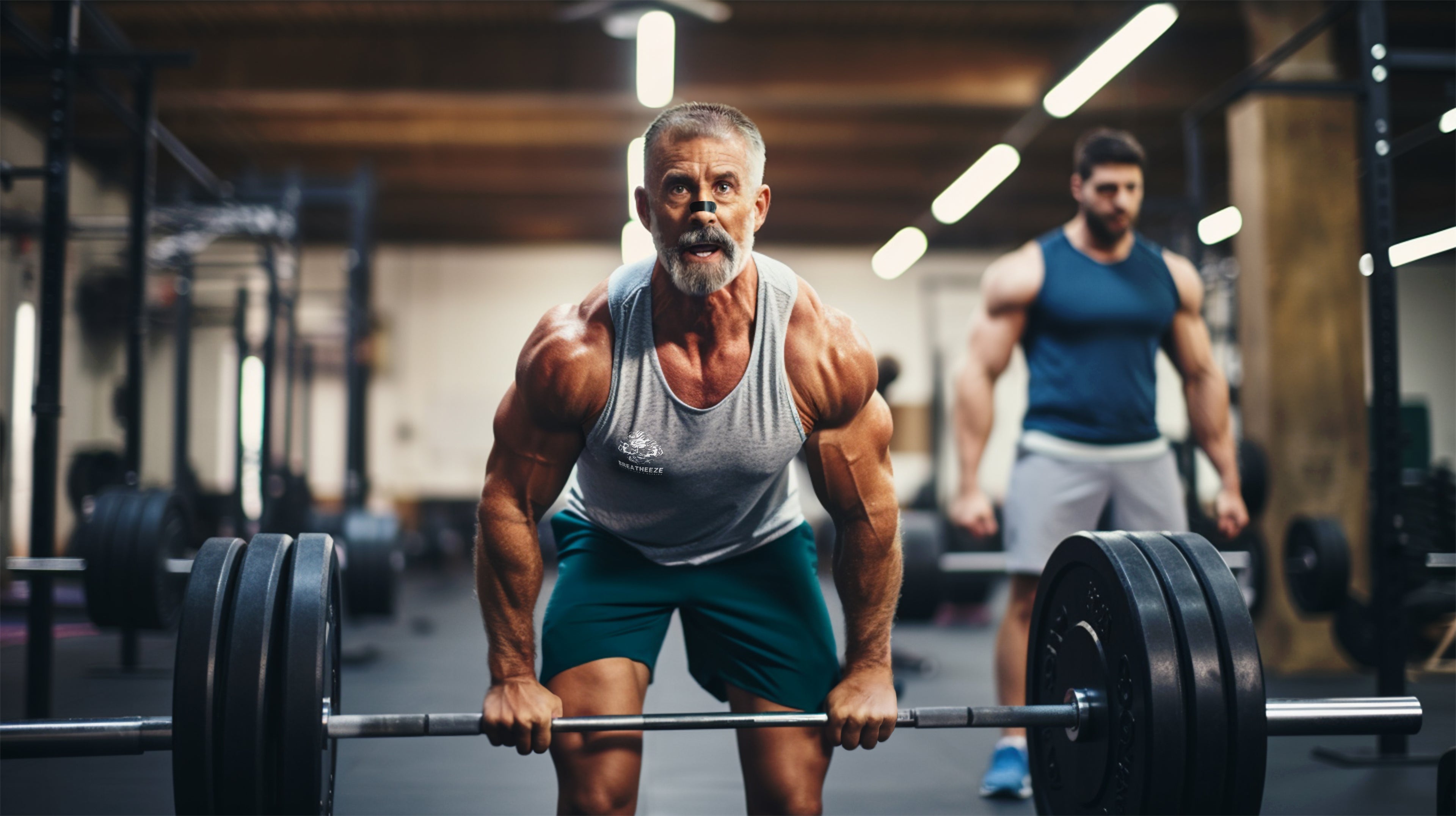 Older male athlete lifting weights with Breatheeze nasal strip – breathing support for all ages