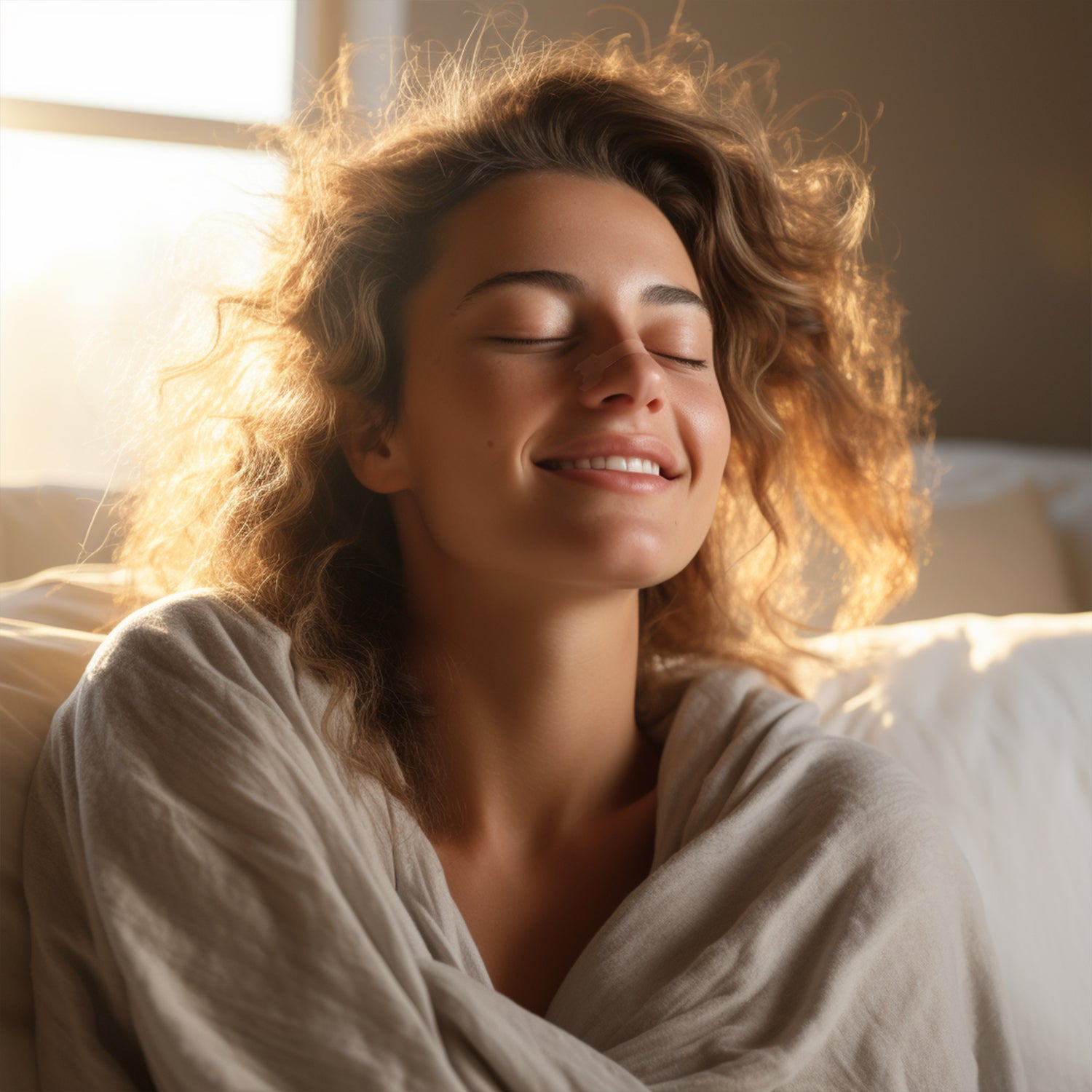 Woman relaxed wearing Breatheeze nasal strip – sleep and recovery breathing tool for women