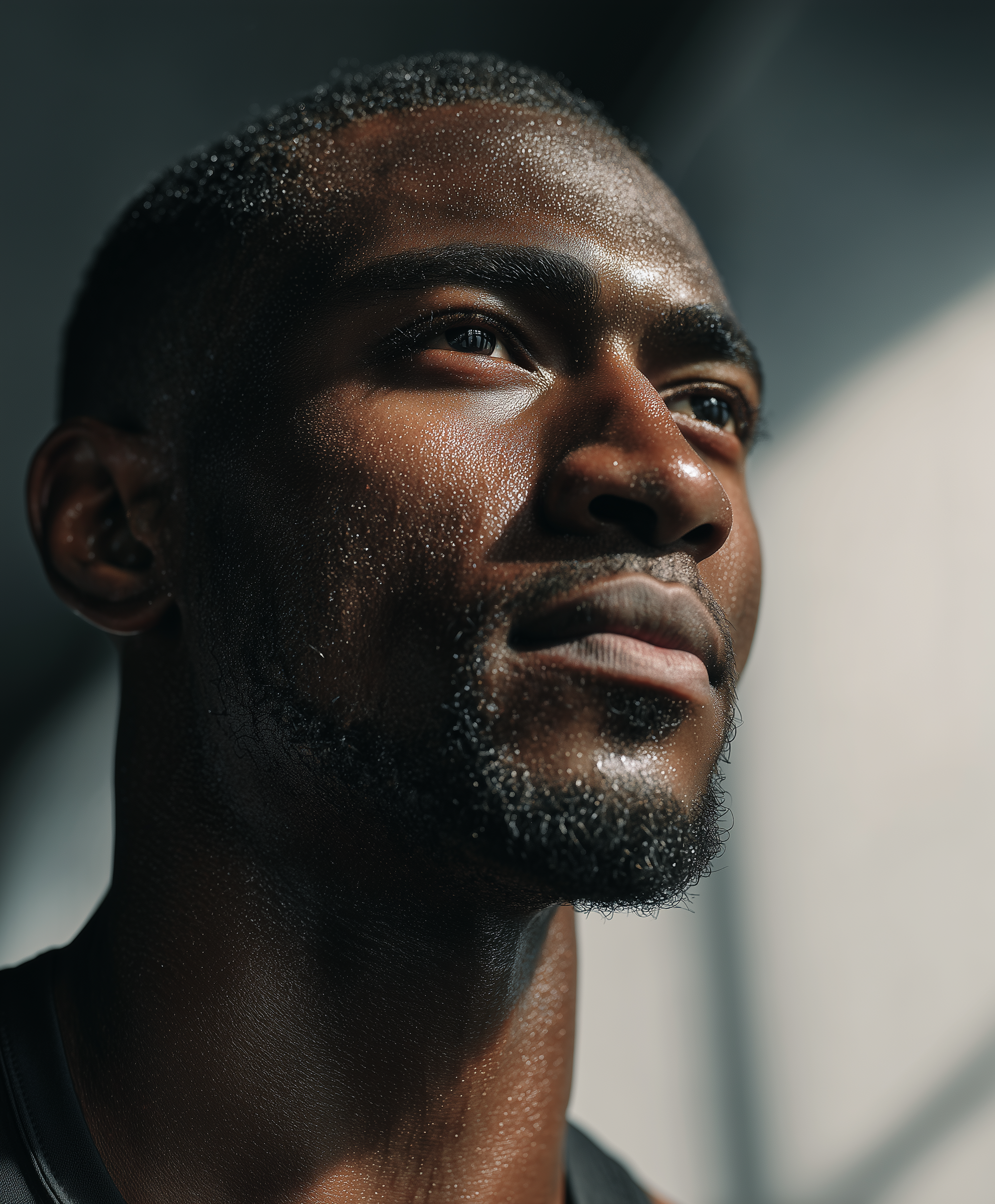Athlete in side profile wearing a black Breatheeze Extra Strength nasal strip, with soft blue airflow lines visualizing improved breathing through open nasal passages, cinematic dark-grey background.