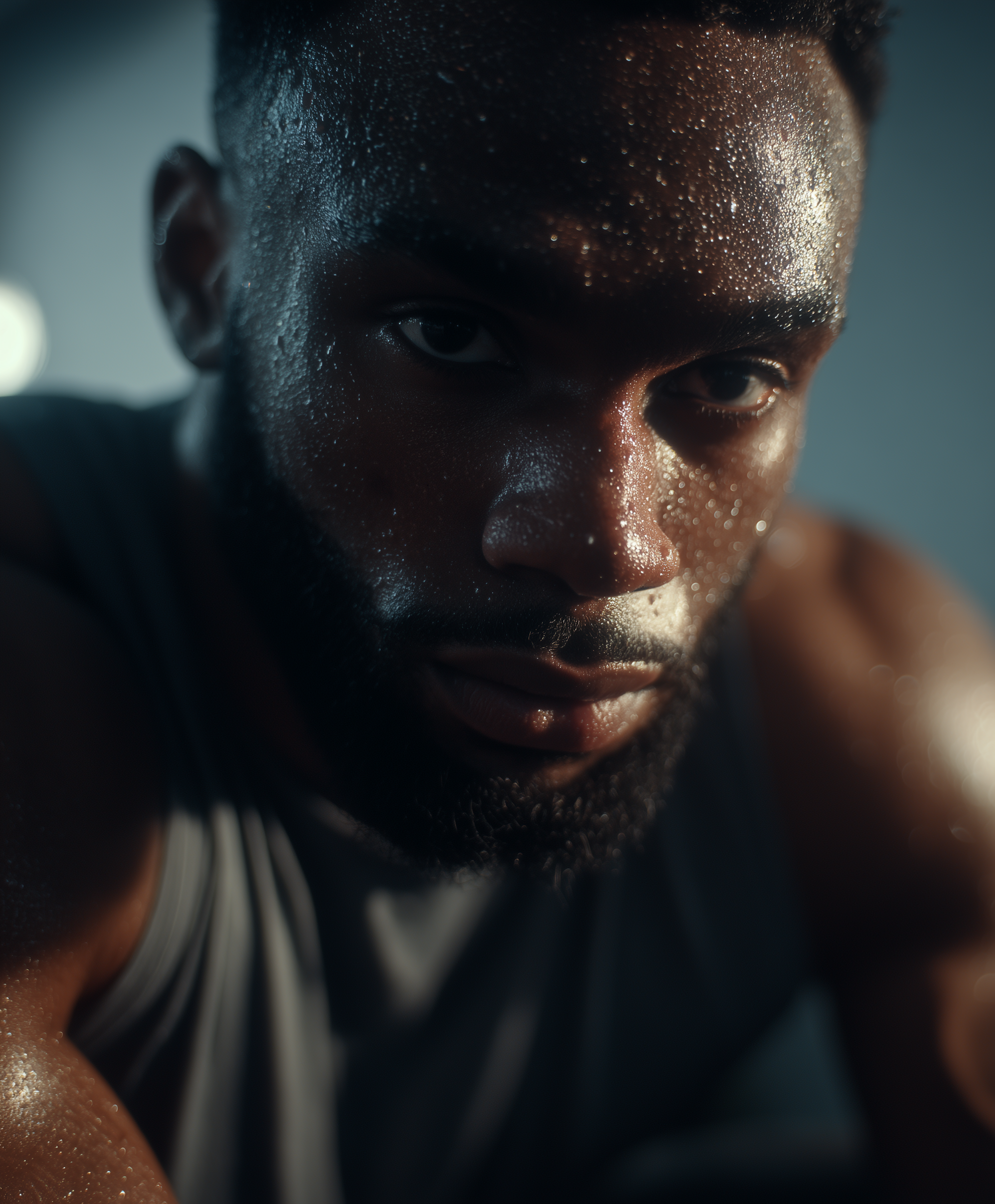 Athlete in side profile wearing a black Breatheeze Extra Strength nasal strip, with soft blue airflow lines visualizing improved breathing through open nasal passages, cinematic dark-grey background.