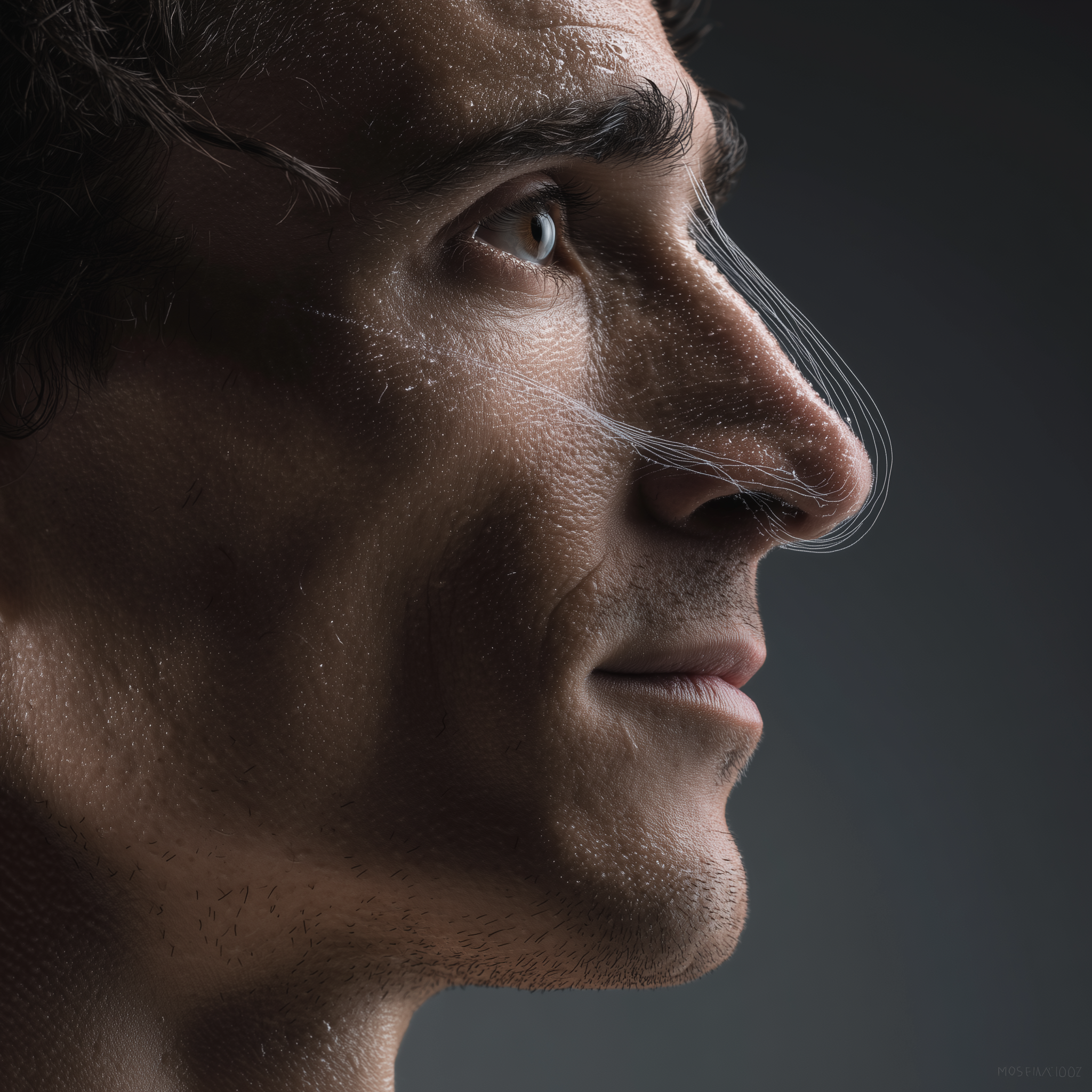 Athlete in side profile wearing a black Breatheeze Extra Strength nasal strip, with soft blue airflow lines visualizing improved breathing through open nasal passages, cinematic dark-grey background.
