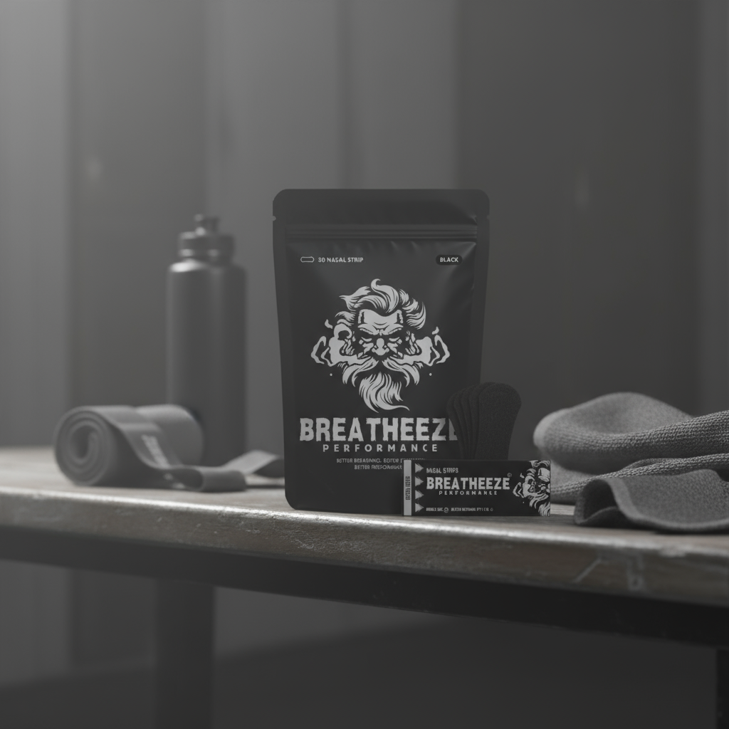 Breatheeze Performance nasal strips packaging displayed on a dark matte gym surface beside a towel and water bottle, representing strength and endurance.